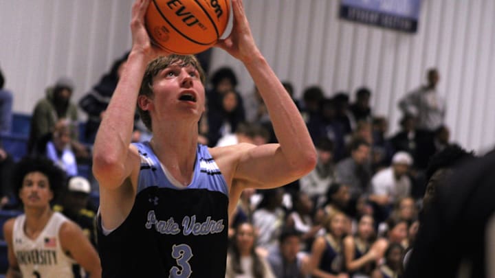 Ponte Vedra center Trace Westercamp (3) goes up for a basket against University Christian in a high school basketball game on Dec. 3, 2024. [Clayton Freeman/Florida Times-Union]