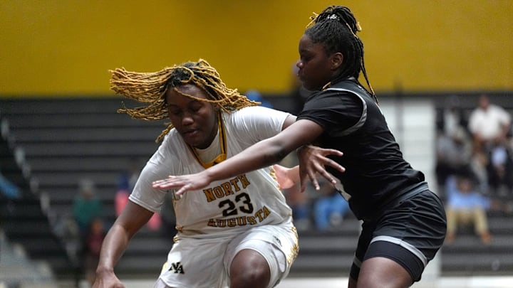 Feb 26, 2025; North Augusta, South Carolina, USA; North Augusta guard Celena Grant (23) dribbles during the North Augusta and Gray Collegiate Academy AAAA girls basketball playoff at North Augusta High School. North Augusta won 49-20. Mandatory Credit: Katie Goodale - Augusta Chronicle/USA TODAY NETWORK