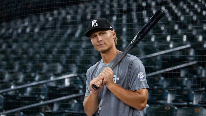 Jul 1, 2024; Phoenix, AZ, USA; Purvis High School outfielder Jacob Parker during the Perfect Game National Showcase high school baseball game at Chase Field. Mandatory Credit: Mark J. Rebilas-Imagn Images