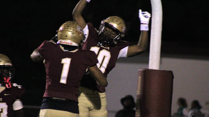 St. Augustine running back Trendell Anderson (10) celebrates his first-half touchdown with wide receiver Trenton Jones (1) against Choctawhatchee in an FHSAA Region 1-4A high school football final on November 29, 2024. [Clayton Freeman/Florida Times-Union]