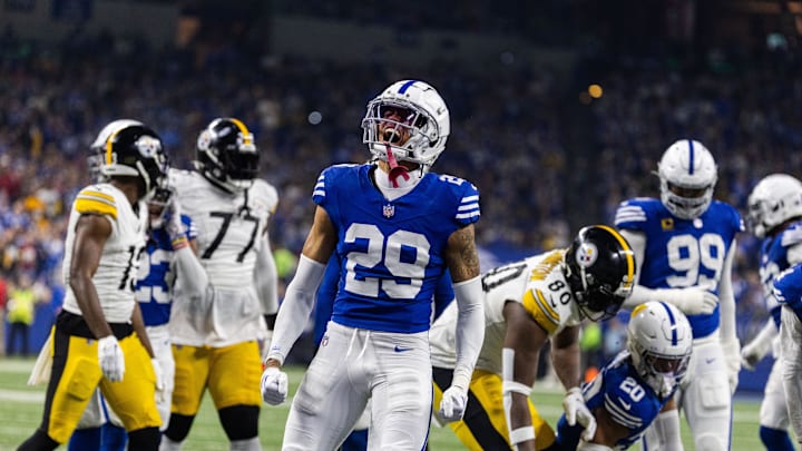 Dec 16, 2023; Indianapolis, Indiana, USA; Indianapolis Colts cornerback JuJu Brents (29) celebrates