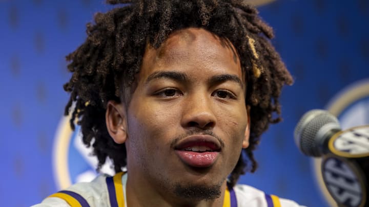 Oct 15, 2025; Birmingham, AL, USA; LSU Tigers guard Dedan Thomas Jr. talks with the media during SEC Media Days at Grand Bohemian Hotel. Mandatory Credit: Vasha Hunt-Imagn Images