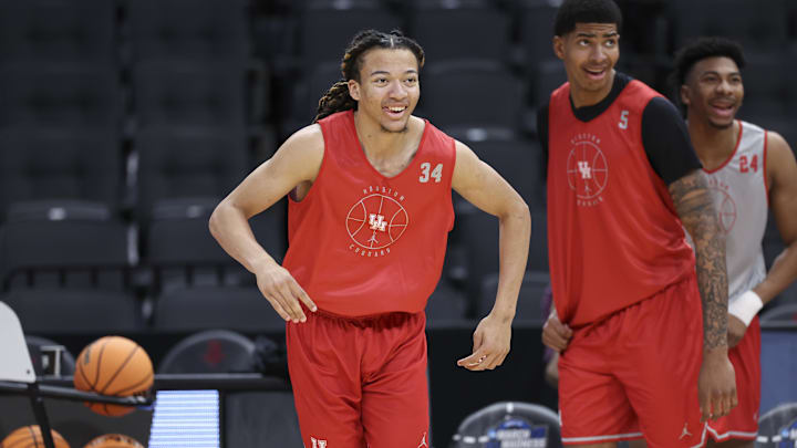Mar 25, 2026; Houston, TX, USA; Houston Cougars guard Kingston Flemings (4) during a practice session ahead of the south regional of the men's 2026 NCAA Tournament at Toyota Center. Mandatory Credit: Troy Taormina-Imagn Images
