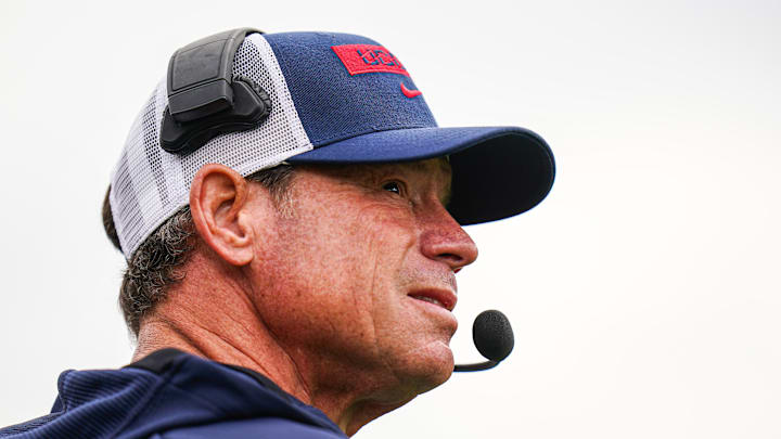 Sep 28, 2024; East Hartford, Connecticut, USA; Connecticut Huskies head coach Jim Mora watches from the sideline as they take on the Buffalo Bulls at Rentschler Field at Pratt & Whitney Stadium. Mandatory Credit: David Butler II-Imagn Images