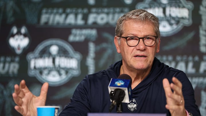 Apr 5, 2025; Tampa, FL, USA; UConn Huskies head coach Geno Auriemma talks to media before the NCAA Woman’s Final practice at Amalie Arena. Mandatory Credit: Nathan Ray Seebeck-Imagn Images Apr 5, 2025; Tampa, FL, USA; UConn Huskies head coach Geno Auriemma talks to media before the NCAA Woman’s Final practice at Amalie Arena. Mandatory Credit: Nathan Ray Seebeck-Imagn Images