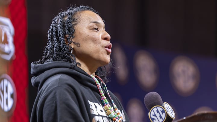 Oct 14, 2025; Birmingham, AL, USA; South Carolina Gamecocks head coach Dawn Staley talks with the media during SEC Media Days at Grand Bohemian Hotel. Mandatory Credit: Vasha Hunt-Imagn Images