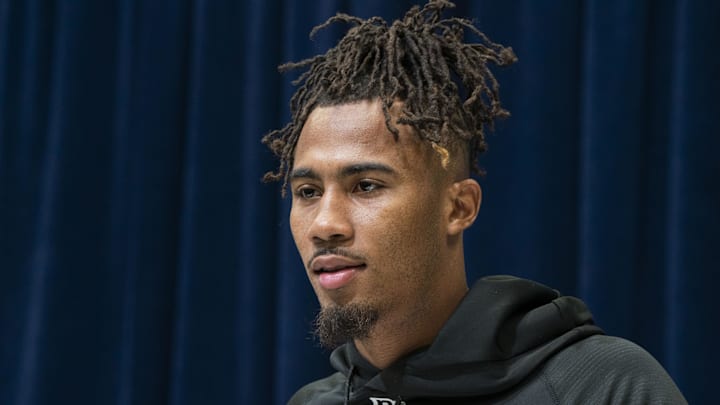 Feb 28, 2025; Indianapolis, IN, USA; Illinois wideout Pat Bryant (WO08) answers questions at a press conference during the 2025 NFL Combine at Indiana Convention Center. Mandatory Credit: Stephanie Amador Blondet-Imagn Images