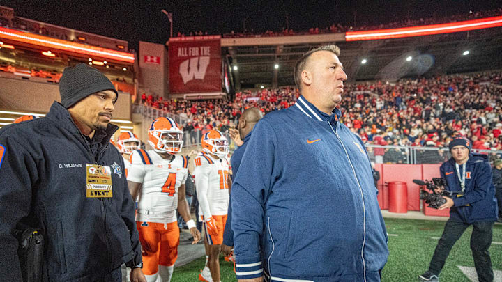 Illinois head coach Bret Bielema is shown before their game against Wisconsin Saturday, November 22, 2025 at Camp Randall Stadium in Madison, Wisconsin.