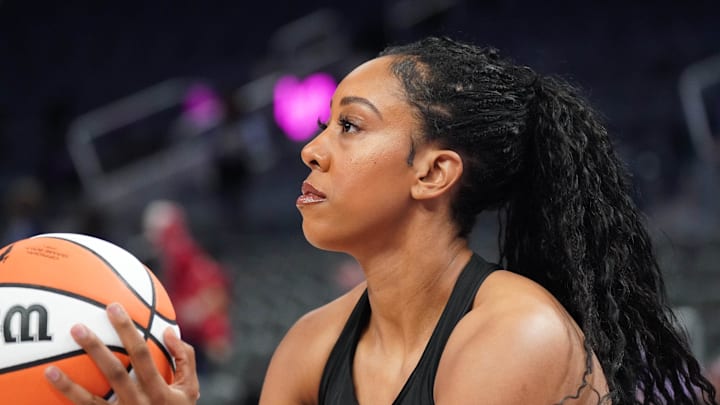 Sep 6, 2025; San Francisco, California, USA;  Golden State Valkyries forward Monique Billings (25) warms up before the game against the Minnesota Lynx at Chase Center. Mandatory Credit: David Gonzales-Imagn Images
