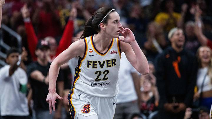 Jun 24, 2026; Indianapolis, Indiana, USA; Indiana Fever guard Caitlin Clark (22) celebrates a made shot in the first half against the Phoenix Mercury at Gainbridge Fieldhouse. Mandatory Credit: Trevor Ruszkowski-Imagn Images