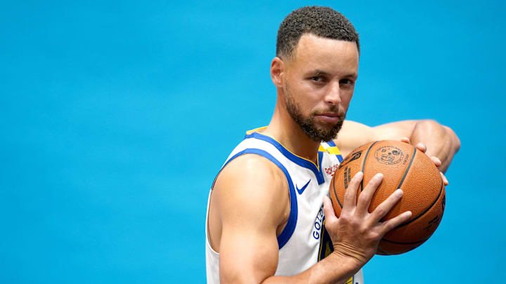 Sep 30, 2024; San Francisco, CA, USA; Golden State Warriors guard Stephen Curry (30) holds onto the ball during Media Day at the Chase Center. Mandatory Credit: Cary Edmondson-Imagn Images