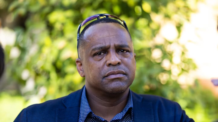 Nov 7, 2023; Scottsdale, AZ, USA; Houston Astros general manager Dana Brown speaks to the media during the MLB General Manager's Meetings at Omni Scottsdale Resort & Spa. Mandatory Credit: Mark J. Rebilas-Imagn Images