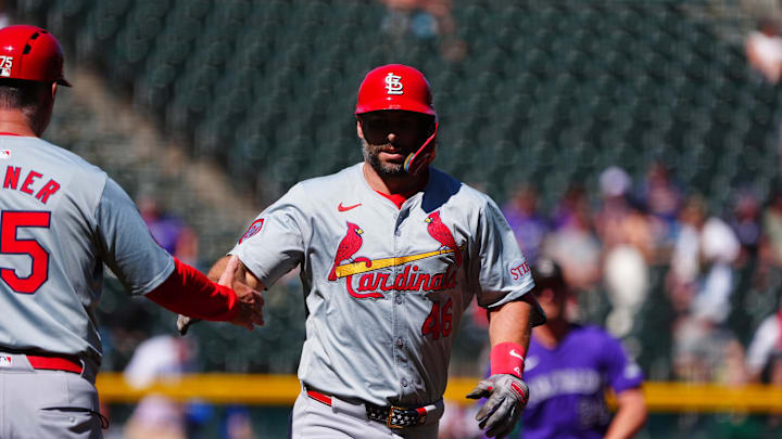 Sep 26, 2024; Denver, Colorado, USA; St. Louis Cardinals first base Paul Goldschmidt (46) celebrates his solo home run in the first inning against the Colorado Rockies at Coors Field. Mandatory Credit: Ron Chenoy-Imagn Images