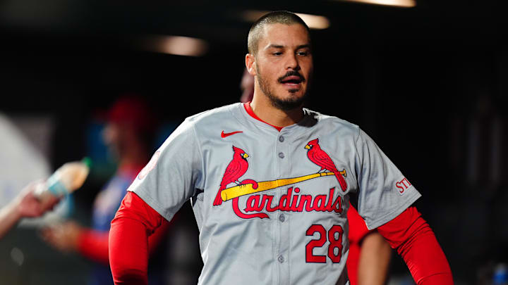Sep 25, 2024; Denver, Colorado, USA; St. Louis Cardinals third base Nolan Arenado (28) during the third inning against the Colorado Rockies at Coors Field. Mandatory Credit: Ron Chenoy-Imagn Images