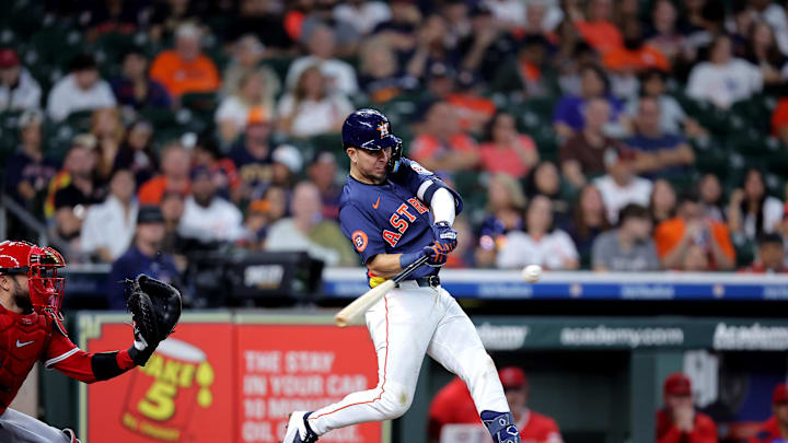 Aug 31, 2025; Houston, Texas, USA; Houston Astros second baseman Ramon Urias (29) hits a double to left field against the Los Angeles Angels during the eighth inning at Daikin Park. Mandatory Credit: Erik Williams-Imagn Images Aug 31, 2025; Houston, Texas, USA; Houston Astros second baseman Ramon Urias (29) hits a double to left field against the Los Angeles Angels during the eighth inning at Daikin Park. Mandatory Credit: Erik Williams-Imagn Images