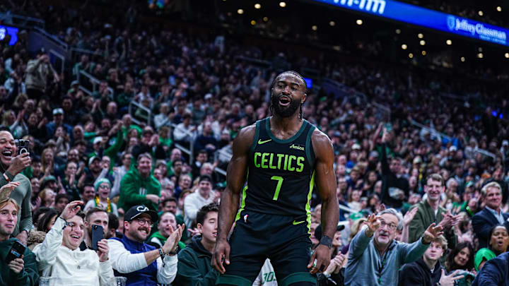 Nov 25, 2024; Boston, Massachusetts, USA; Boston Celtics guard Jaylen Brown (7) reacts after his three point basket against the LA Clippers in the second quarter at TD Garden. Mandatory Credit: David Butler II-Imagn Images