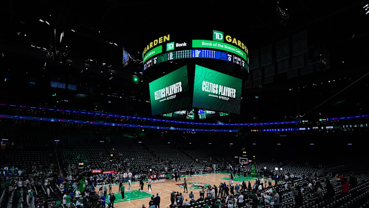 May 23, 2024; Boston, Massachusetts, USA; An overall view of TD Garden arena before the start of game two of the eastern conference finals for the 2024 NBA playoffs against the Boston Celtics and Indiana Pacers. Mandatory Credit: David Butler II-Imagn Images