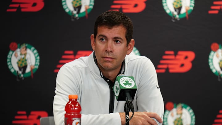 Oct 2, 2023; Boston, Celtics, USA; Boston Celtics president of basketball operations Brad Stevens talks during Boston Celtics Media Day. Mandatory Credit: David Butler II-Imagn Images