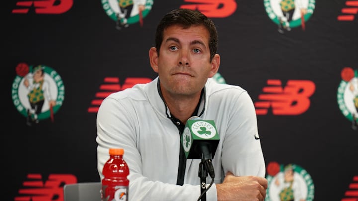 Oct 2, 2023; Boston, Celtics, USA; Boston Celtics president of basketball operations Brad Stevens talks during Boston Celtics Media Day. Mandatory Credit: David Butler II-Imagn Images