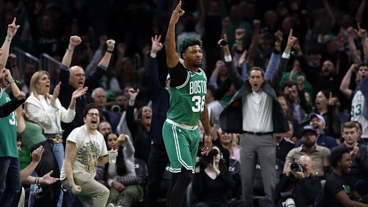 May 25, 2023; Boston, Massachusetts, USA; Boston Celtics guard Marcus Smart (36) reacts during the first quarter of game five against the Miami Heat in the Eastern Conference Finals for the 2023 NBA playoffs at TD Garden. Mandatory Credit: Winslow Townson-Imagn Images