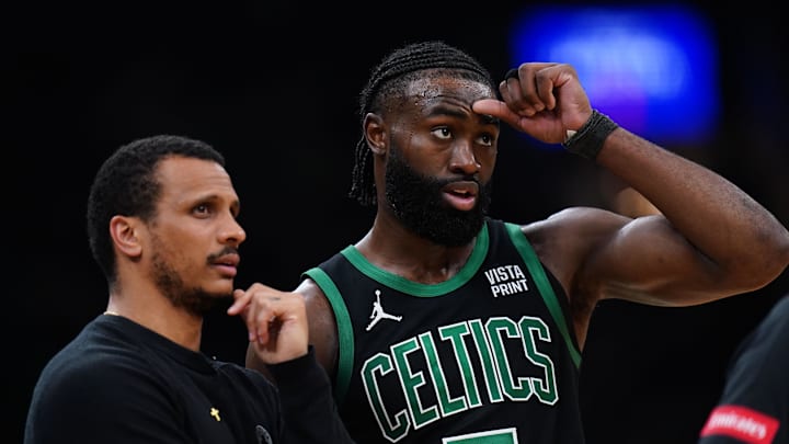 May 23, 2024; Boston, Massachusetts, USA; Boston Celtics head coach Joe Mazzulla talks with guard Jaylen Brown (7) from the sideline as they take on the Indiana Pacers during game two of the eastern conference finals for the 2024 NBA playoffs at TD Garden. Mandatory Credit: David Butler II-Imagn Images