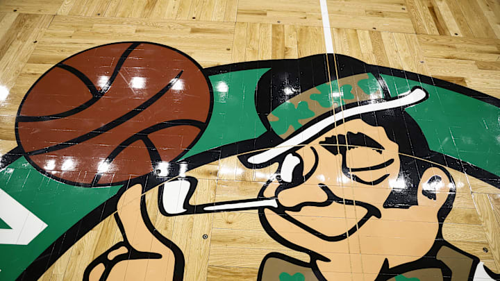 Mar 5, 2025; Boston, Massachusetts, USA; The Boston Celtics logo is seen on the court before the game between the Boston Celtics and the Portland Trail Blazers at TD Garden. Mandatory Credit: Winslow Townson-Imagn Images
