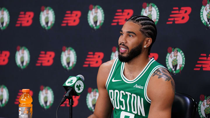 Sep 29, 2025; Boston, MA, USA;Boston Celtics forward Jayson Tatum (0) talks with reporters during media day at the Auerbach Center. Mandatory Credit: David Butler II-Imagn Images