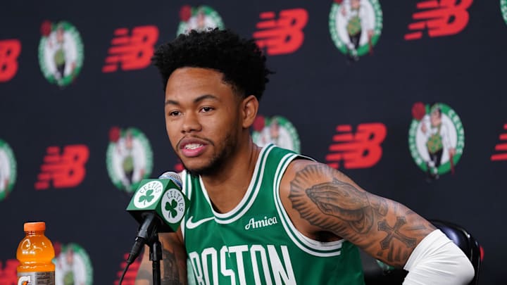 Sep 29, 2025; Boston, MA, USA; Boston Celtics guard Anfernee Simons (4) talks with reporters during media day at the Auerbach Center. Mandatory Credit: David Butler II-Imagn Images Sep 29, 2025; Boston, MA, USA; Boston Celtics guard Anfernee Simons (4) talks with reporters during media day at the Auerbach Center. Mandatory Credit: David Butler II-Imagn Images