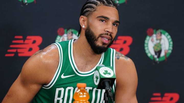 Sep 29, 2025; Boston, MA, USA;Boston Celtics forward Jayson Tatum (0) talks with reporters during media day at the Auerbach Center. Mandatory Credit: David Butler II-Imagn Images