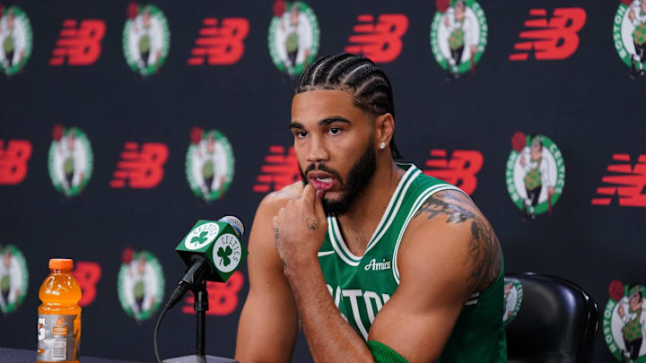 Sep 29, 2025; Boston, MA, USA;Boston Celtics forward Jayson Tatum (0) talks with reporters during media day at the Auerbach Center. Mandatory Credit: David Butler II-Imagn Images Sep 29, 2025; Boston, MA, USA;Boston Celtics forward Jayson Tatum (0) talks with reporters during media day at the Auerbach Center. Mandatory Credit: David Butler II-Imagn Images
