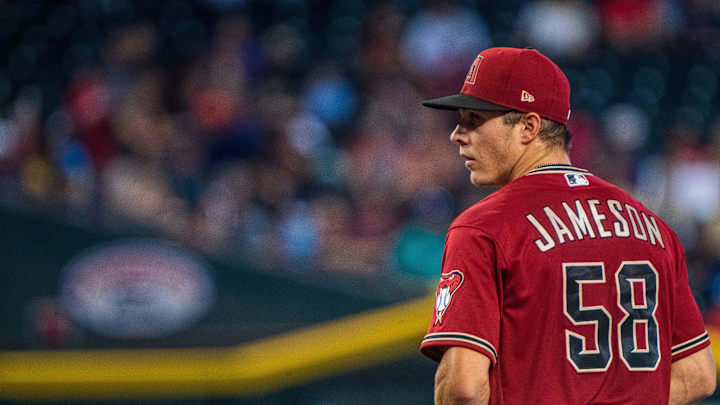 Sep 25, 2022; Phoenix, Arizona, USA; Arizona Diamondbacks pitcher Drey Jameson (58) on the mound in the second inning during a game against the San Francisco Giants at Chase Field. Mandatory Credit: Allan Henry-Imagn Images Sep 25, 2022; Phoenix, Arizona, USA; Arizona Diamondbacks pitcher Drey Jameson (58) on the mound in the second inning during a game against the San Francisco Giants at Chase Field. Mandatory Credit: Allan Henry-Imagn Images
