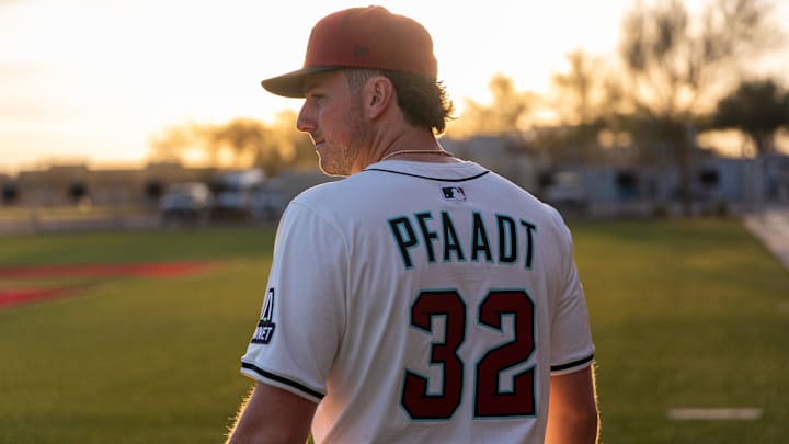 Feb 19, 2025; Scottsdale, AZ, USA; Arizona Diamondbacks pitcher Brandon Pfaadt (32) poses for a portrait for MLB Media Day at Salt River Fields.  Mandatory Credit: Allan Henry-Imagn Images