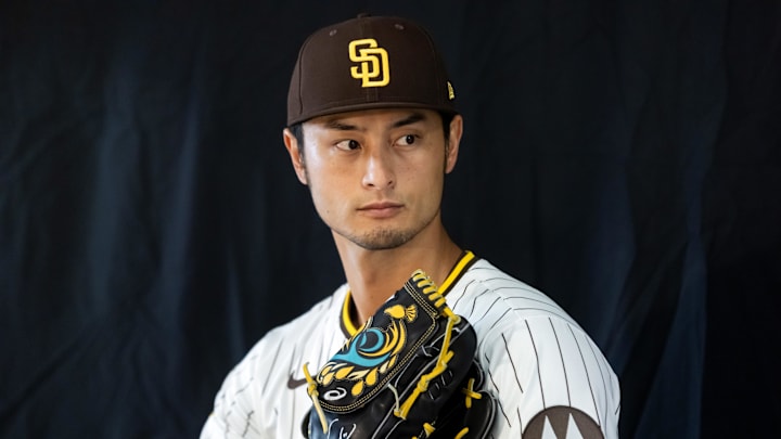 Feb 19, 2025; Peoria, AZ, USA; San Diego Padres pitcher Yu Darvish poses for a portrait during Media Day at Peoria Sports Complex. Mandatory Credit: Mark J. Rebilas-Imagn Images Feb 19, 2025; Peoria, AZ, USA; San Diego Padres pitcher Yu Darvish poses for a portrait during Media Day at Peoria Sports Complex. Mandatory Credit: Mark J. Rebilas-Imagn Images