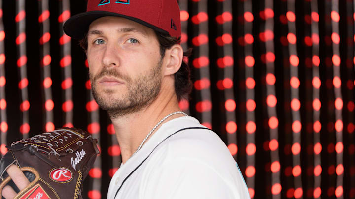 Feb 18, 2026; Scottsdale, AZ, USA; Arizona Diamondbacks pitcher Zac Gallen (23) poses for a photo for MLB media day at Salt River Fields at Talking Stick. Mandatory Credit: Allan Henry-Imagn Images