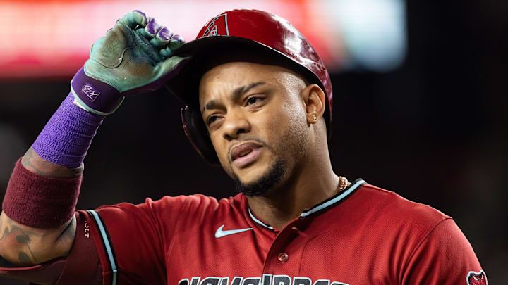 May 6, 2026; Phoenix, Arizona, USA; Arizona Diamondbacks infielder Ketel Marte reacts after grounding out in the fourth inning against the Pittsburgh Pirates at Chase Field. Mandatory Credit: Mark J. Rebilas-Imagn Images
