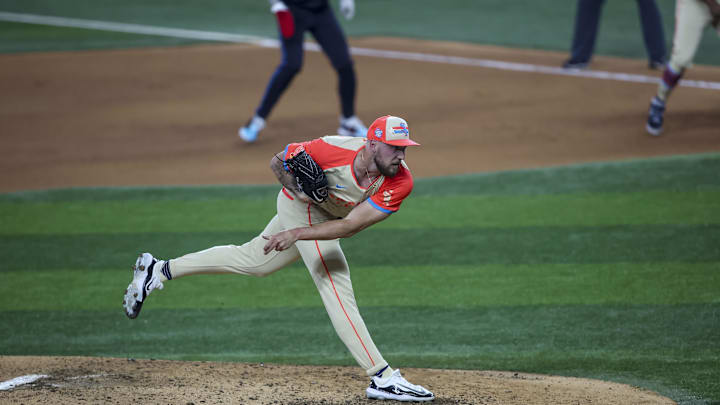 Jul 16, 2024; Arlington, Texas, USA; merican League pitcher Garrett Crochet of the Chicago White Sox (45) pitches during the fourth inning during the 2024 MLB All-Star game at Globe Life Field. Mandatory Credit: Tim Heitman-Imagn Images