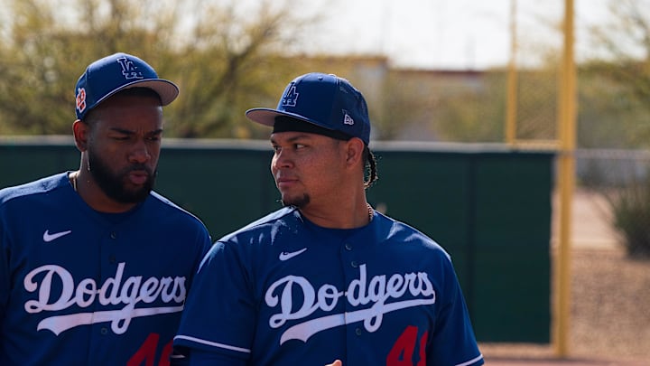 Feb 18, 2023; Glendale, AZ, USA; Los Angeles Dodgers pitcher Brusdar Graterol (48) and Wander Suero (46) during a spring training workout at Camelback Ranch. Mandatory Credit: Allan Henry-Imagn Images Feb 18, 2023; Glendale, AZ, USA; Los Angeles Dodgers pitcher Brusdar Graterol (48) and Wander Suero (46) during a spring training workout at Camelback Ranch. Mandatory Credit: Allan Henry-Imagn Images