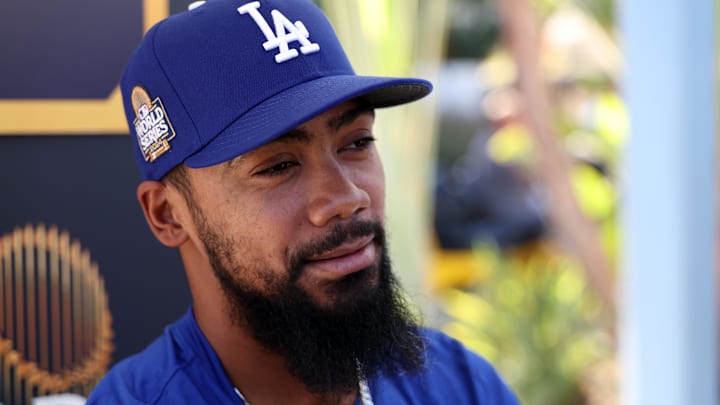 Oct 24, 2024; Los Angeles, CA, USA; Los Angeles Dodgers outfielder Teoscar Hernandez (37) speaks to media during workout day at Dodger Stadium. Mandatory Credit: Kiyoshi Mio-Imagn Images Oct 24, 2024; Los Angeles, CA, USA; Los Angeles Dodgers outfielder Teoscar Hernandez (37) speaks to media during workout day at Dodger Stadium. Mandatory Credit: Kiyoshi Mio-Imagn Images