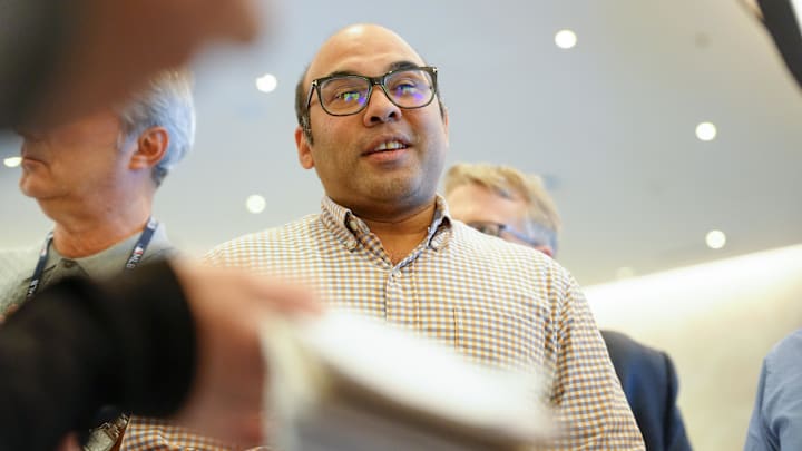 Nov 9, 2022; Las Vegas, NV, USA; San Francisco Giants president of baseball operations Farhan Zaidi answers questions from the media during the MLB GM Meetings at The Conrad Las Vegas. Mandatory Credit: Lucas Peltier-Imagn Images