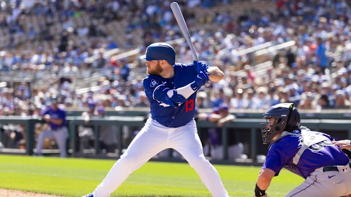 Mar 3, 2024; Phoenix, Arizona, USA; Los Angeles Dodgers infielder Max Muncy against the Colorado Rockies during a spring training game at Camelback Ranch-Glendale. Mandatory Credit: Mark J. Rebilas-USA TODAY Sports