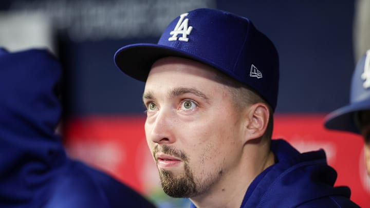 May 2, 2025; Atlanta, Georgia, USA; Los Angeles Dodgers starting pitcher Blake Snell (7) on the bench against the Atlanta Braves in the ninth inning at Truist Park. Mandatory Credit: Brett Davis-Imagn Images May 2, 2025; Atlanta, Georgia, USA; Los Angeles Dodgers starting pitcher Blake Snell (7) on the bench against the Atlanta Braves in the ninth inning at Truist Park. Mandatory Credit: Brett Davis-Imagn Images