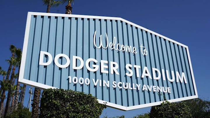 The Welcome to Dodger Stadium sign at Dodger Stadium at 1000 Vin Scully Avenue on April 5, 2022.
