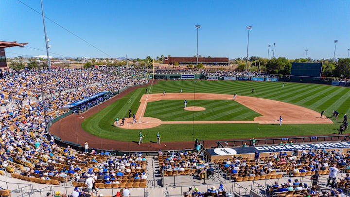 A general view of the fans in attendance during the early inning of a spring training game between the Oakland Athletics and Los Angeles Dodgers at Camelback Ranch-Glendale on March 9.