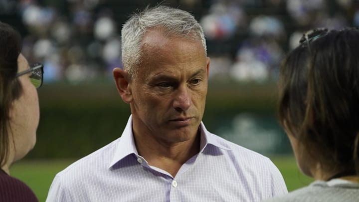 Sep 23, 2025; Chicago, Illinois, USA; Chicago Cubs president Jed Hoyer talks to the press before a game against the New York Mets at Wrigley Field. Mandatory Credit: David Banks-Imagn Images
