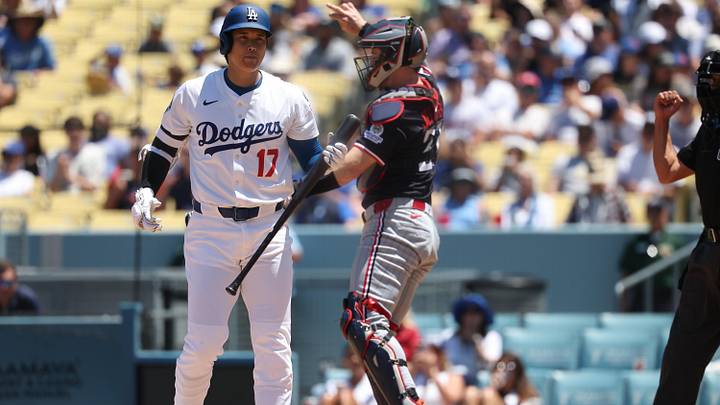 Jul 23, 2025; Los Angeles, California, USA; Los Angeles Dodgers designated hitter Shohei Ohtani (17) strikes out during the third inning against the Minnesota Twins at Dodger Stadium. Mandatory Credit: Kiyoshi Mio-Imagn Images Jul 23, 2025; Los Angeles, California, USA; Los Angeles Dodgers designated hitter Shohei Ohtani (17) strikes out during the third inning against the Minnesota Twins at Dodger Stadium. Mandatory Credit: Kiyoshi Mio-Imagn Images