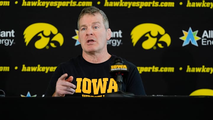 Head coach Tom Brands answers questions at a press conference during the Iowa men’s wrestling team media day Oct. 29, 2025 in Iowa City, Iowa.