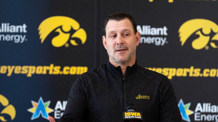 Iowa football Offensive Coordinator Tim Lester speaks during a press conference April 22, 2026 at the Hansen Performance Center in Iowa City, Iowa. Iowa football Offensive Coordinator Tim Lester speaks during a press conference April 22, 2026 at the Hansen Performance Center in Iowa City, Iowa.