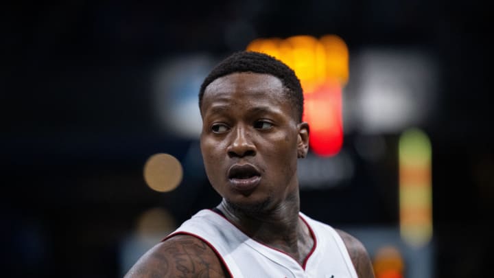 Apr 7, 2024; Indianapolis, Indiana, USA;  Miami Heat guard Terry Rozier (2) in the first half against the Indiana Pacers at Gainbridge Fieldhouse. Mandatory Credit: Trevor Ruszkowski-USA TODAY Sports