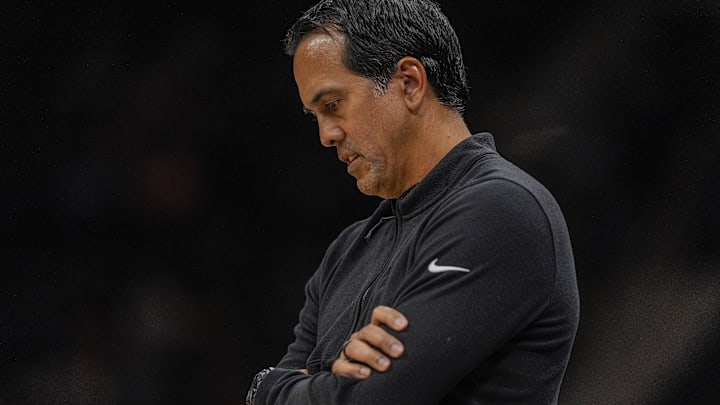 Oct 8, 2024; Charlotte, North Carolina, USA; Miami Heat head coach Erik Spoelstra during the first quarter against the Charlotte Hornets at Spectrum Center. Mandatory Credit: Jim Dedmon-Imagn Images