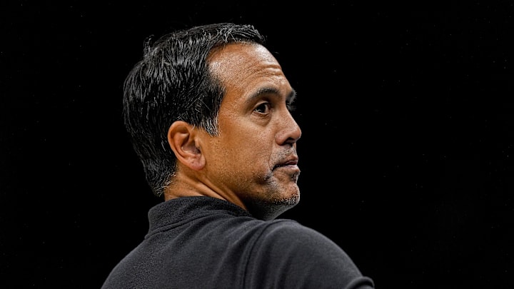 Oct 8, 2024; Charlotte, North Carolina, USA;  Miami Heat head coach Erik Spoelstra looks to his bench during the second half against the Charlotte Hornets at Spectrum Center. Mandatory Credit: Jim Dedmon-Imagn Images